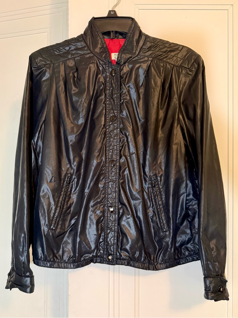 Vintage 80s Shiny Black Windbreaker with lots of details.